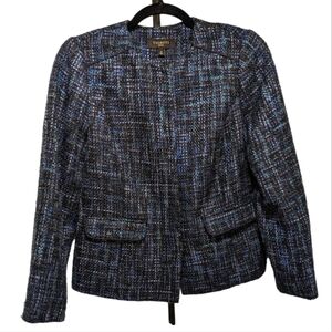Talbots Black, Teal and Cream Collarless Snap Front Tweed Jacket Size 2P